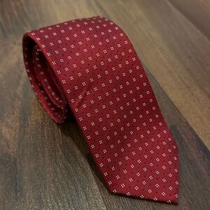 Chaps 100% Silk Tie, Red, White, Navy Blue Polka Dot Design